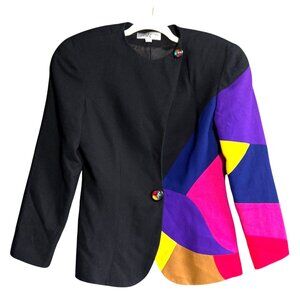 Lucia La Roma 100% Wool Colorblock Blazer Jacket Women 10 Black Retro Classic